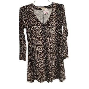Yelete Leopard Print Dress Womens Small Brown Button Front Long Sleeve V-Neck